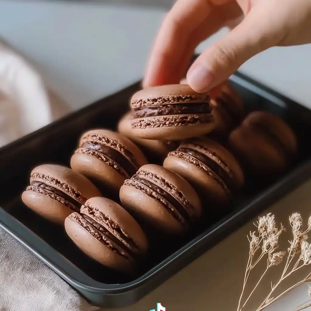 Delicious chocolate macarons with rich cocoa filling and a glossy shell