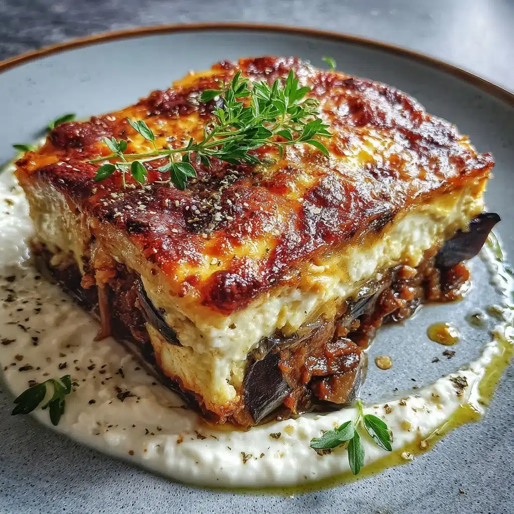 Classic Greek Eggplant Moussaka with layers of eggplant, meat, and béchamel