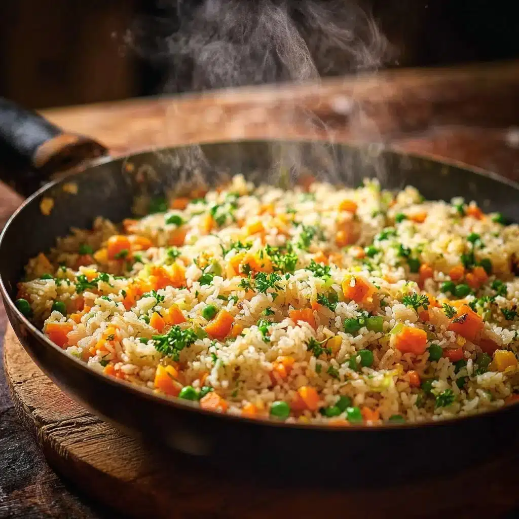 Delicious classic skillet fried rice served with vegetables and eggs
