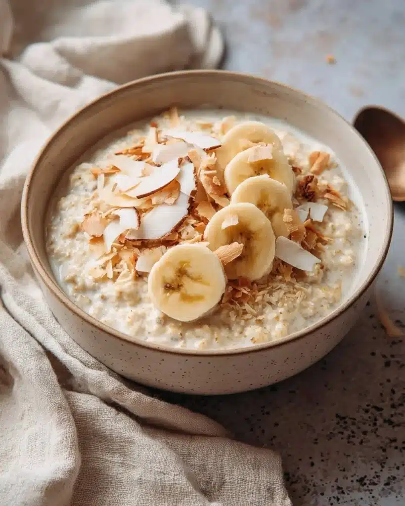 Bowl of Coconut Cream Pie Overnight Oats topped with shredded coconut and whipped cream.