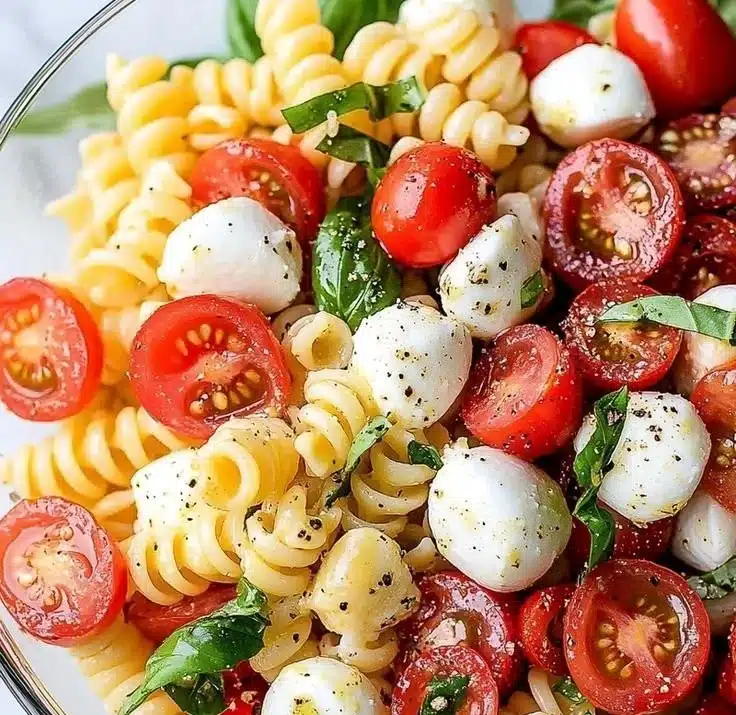 Colorful Caprese Pasta Salad with fresh basil, tomatoes, and mozzarella.