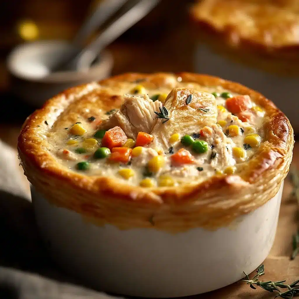 Comforting slow cooker chicken pot pie served in a dish with vegetables and herbs.