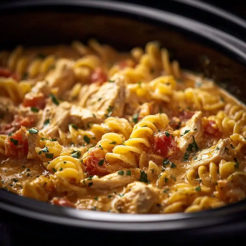 Creamy slow cooker chicken pot pie pasta served in a bowl with fresh herbs.