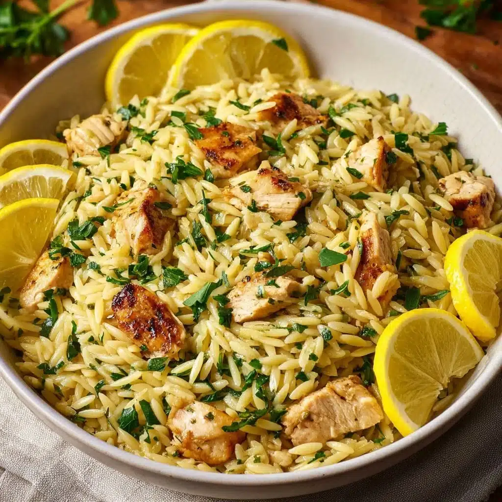 Creamy lemon chicken orzo dish with fresh herbs and lemon garnish