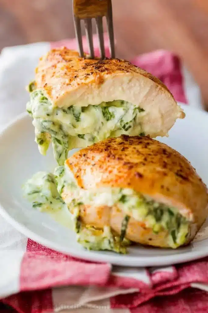 Delicious creamy spinach stuffed chicken on a plate garnished with herbs