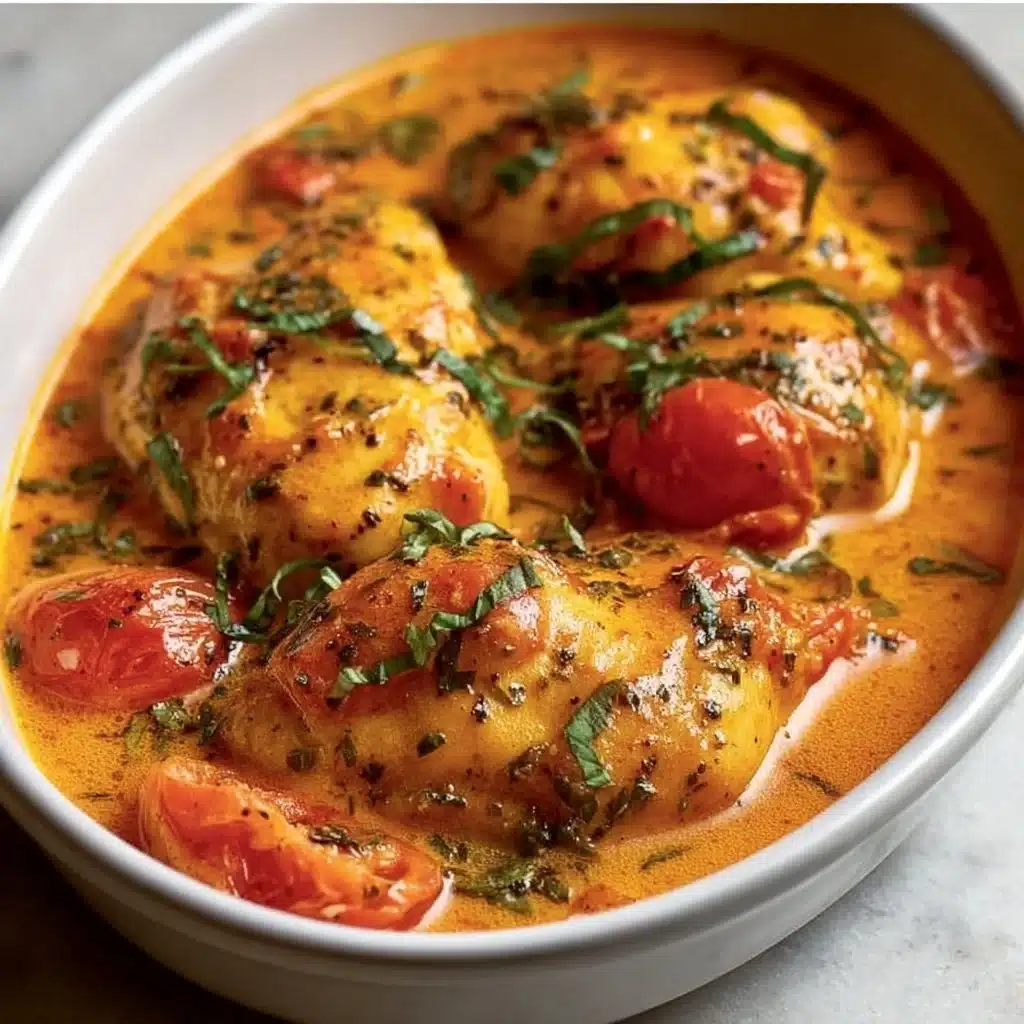 Creamy Tomato Basil Chicken served with fresh basil leaves and creamy sauce