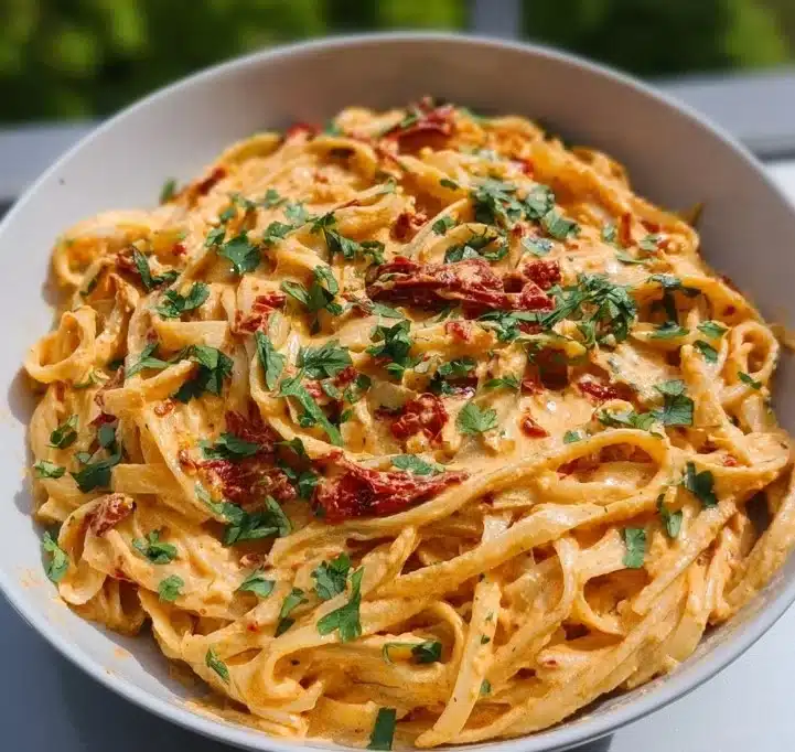 Creamy vegan sun-dried tomato pasta served in a bowl with fresh basil.
