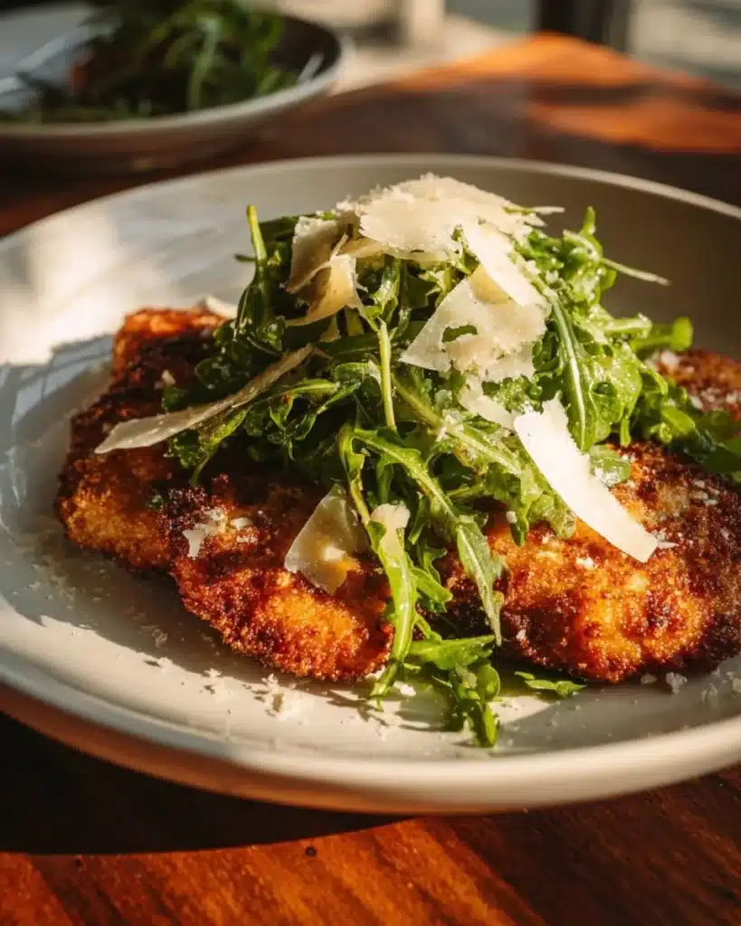 Crispy fried chicken served with arugula and lemon vinaigrette on a plate.