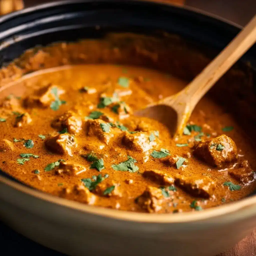 Crockpot Butter Chicken served with rice and garnished with cilantro.