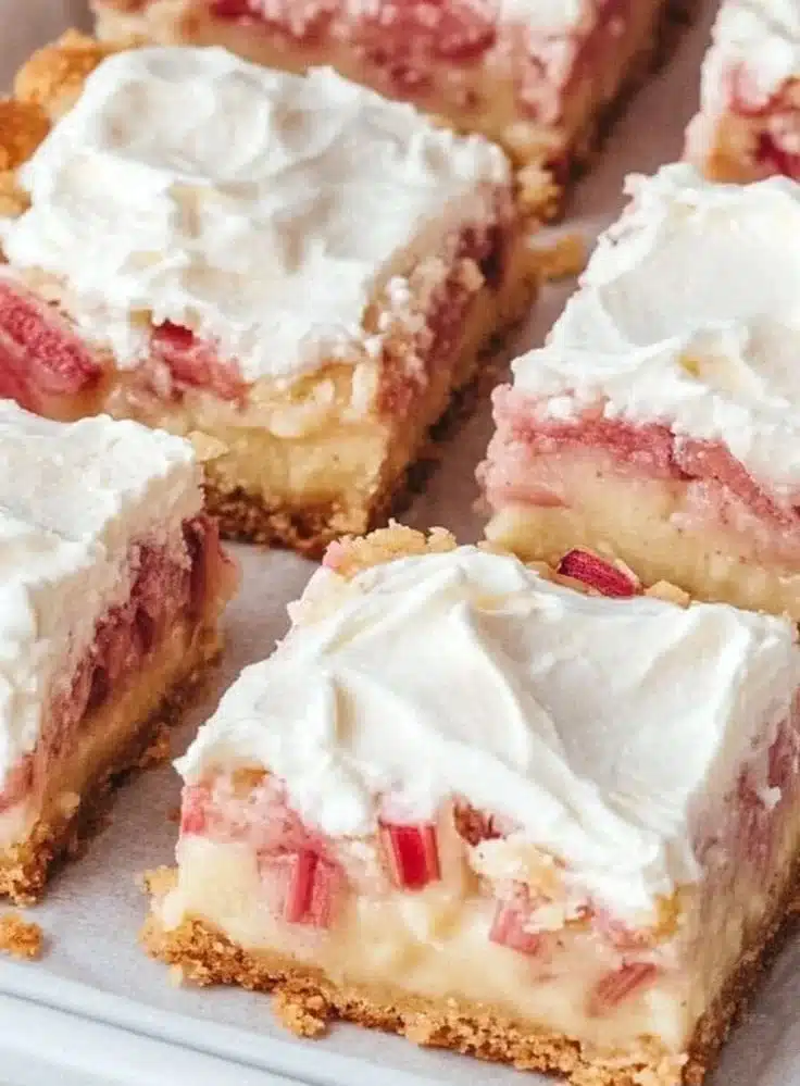 Delicious rhubarb custard bars with a creamy topping and crumbly base.