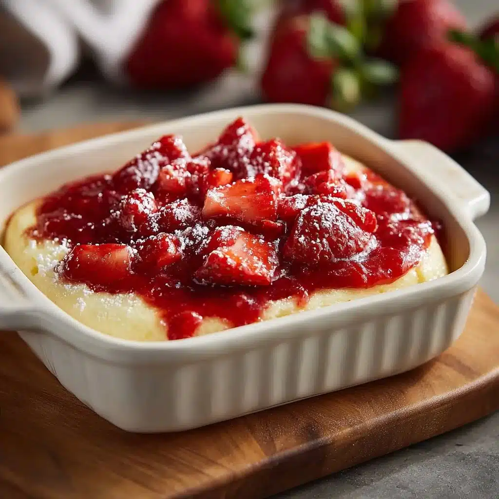Delicious strawberry cheesecake dump cake topped with fresh strawberries.