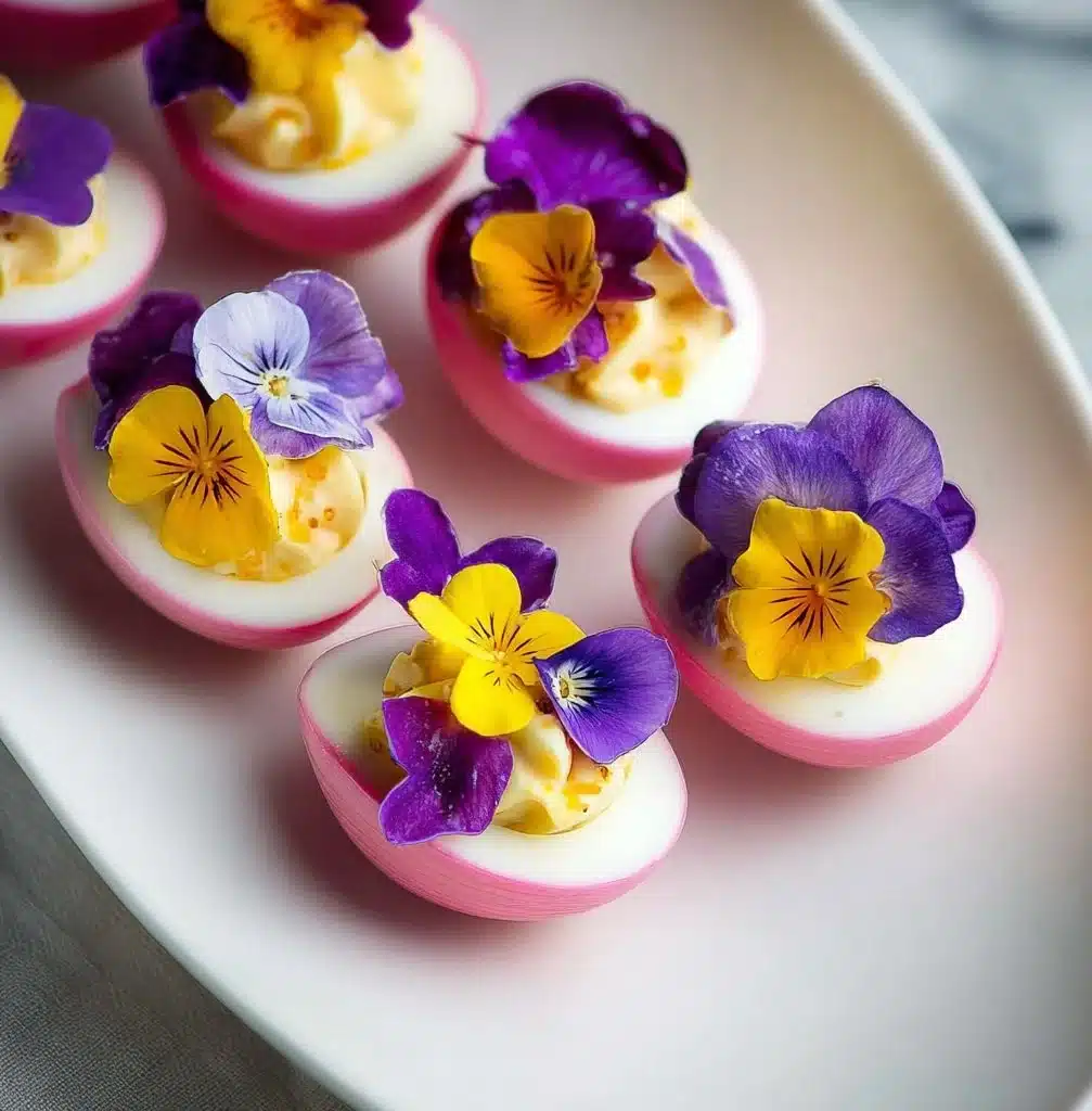 Deviled eggs with beetroot served on a platter, a vibrant appetizer.