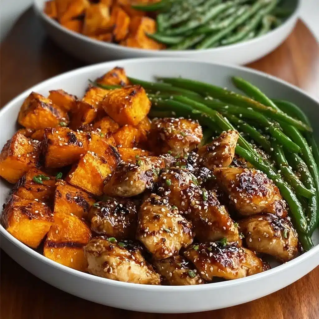 Delicious honey garlic chicken served with sweet potatoes