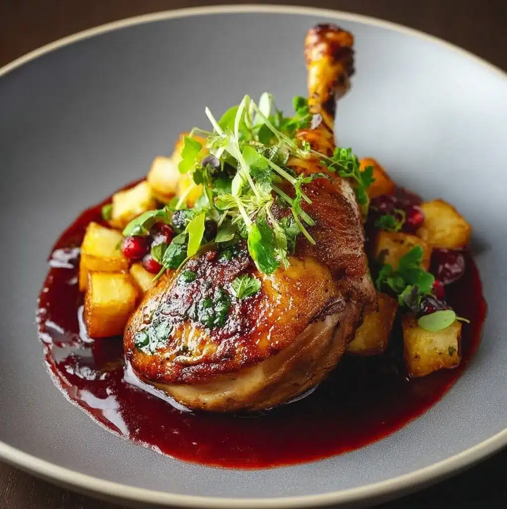 Duck Confit served with a tangy cherry reduction sauce on a plate