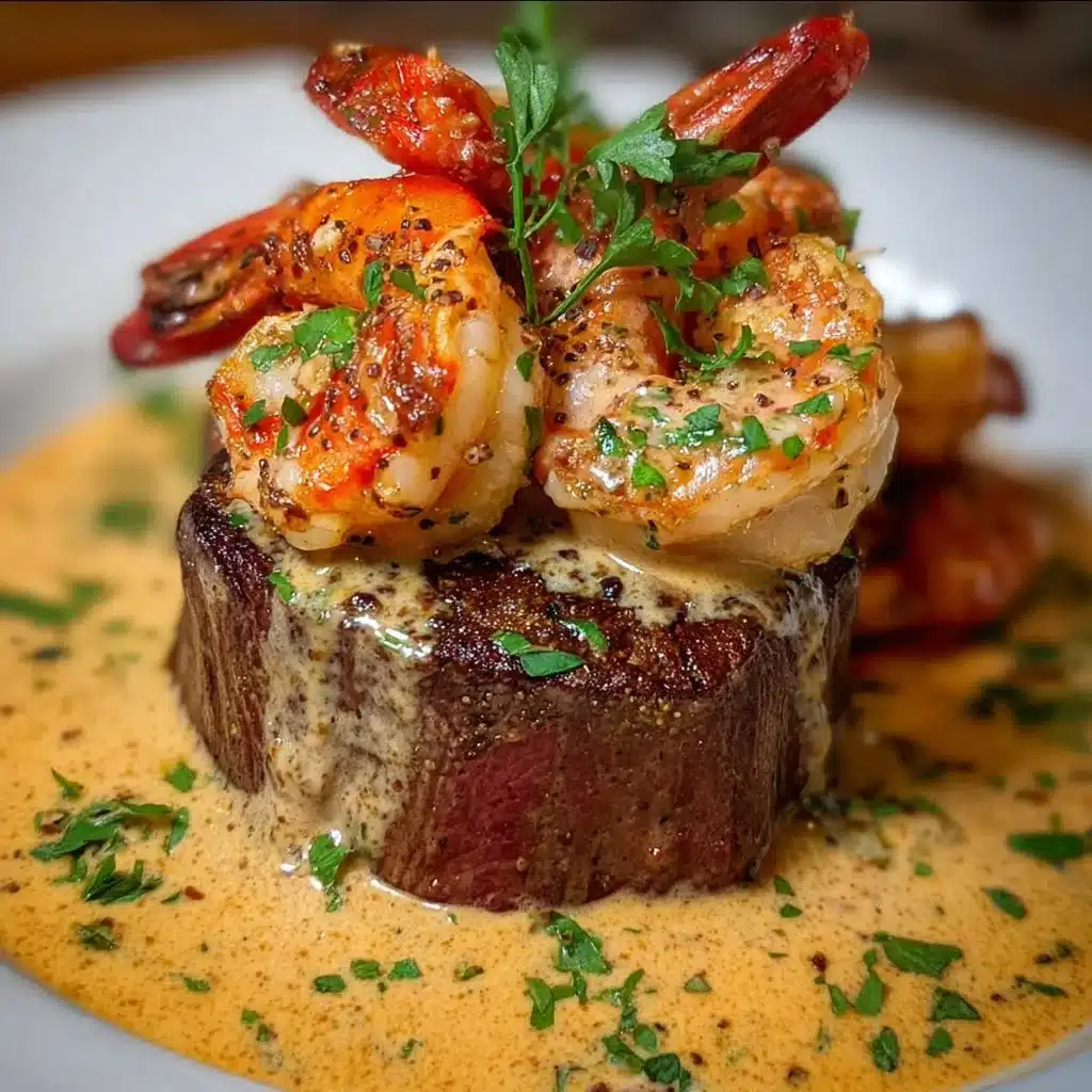 Filet Mignon topped with shrimp and lobster cream sauce on a plate