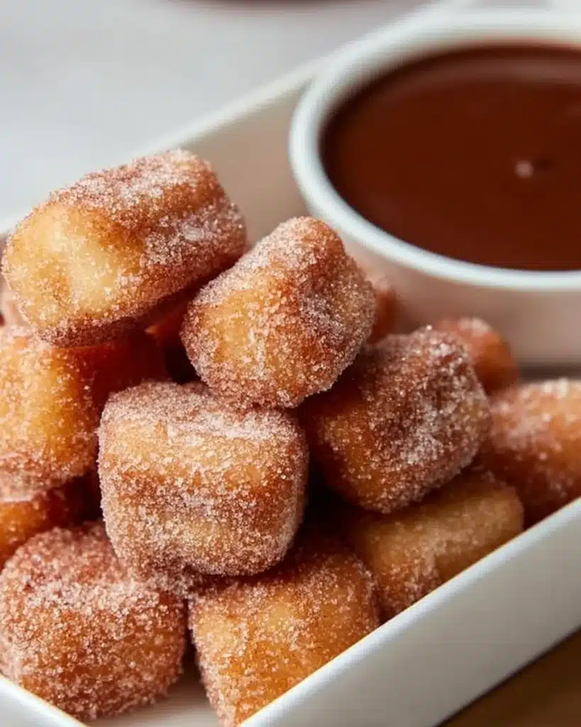 Fluffy air fryer churro bites topped with sugar and cinnamon