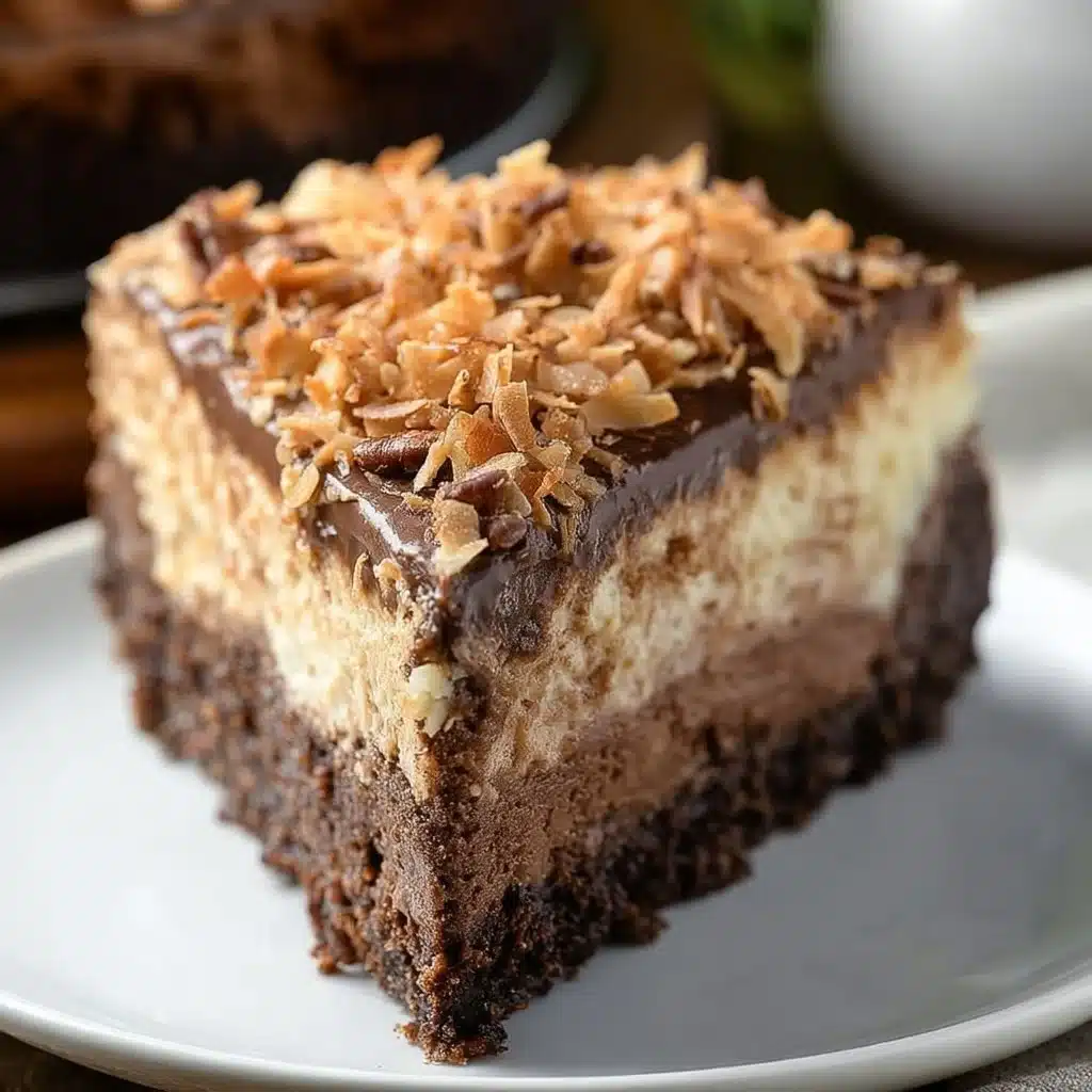 Delicious slice of German Chocolate Cheesecake topped with chocolate and coconut frosting
