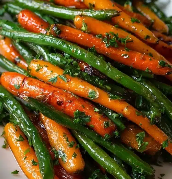 Honey glazed carrots and green beans served as a side dish