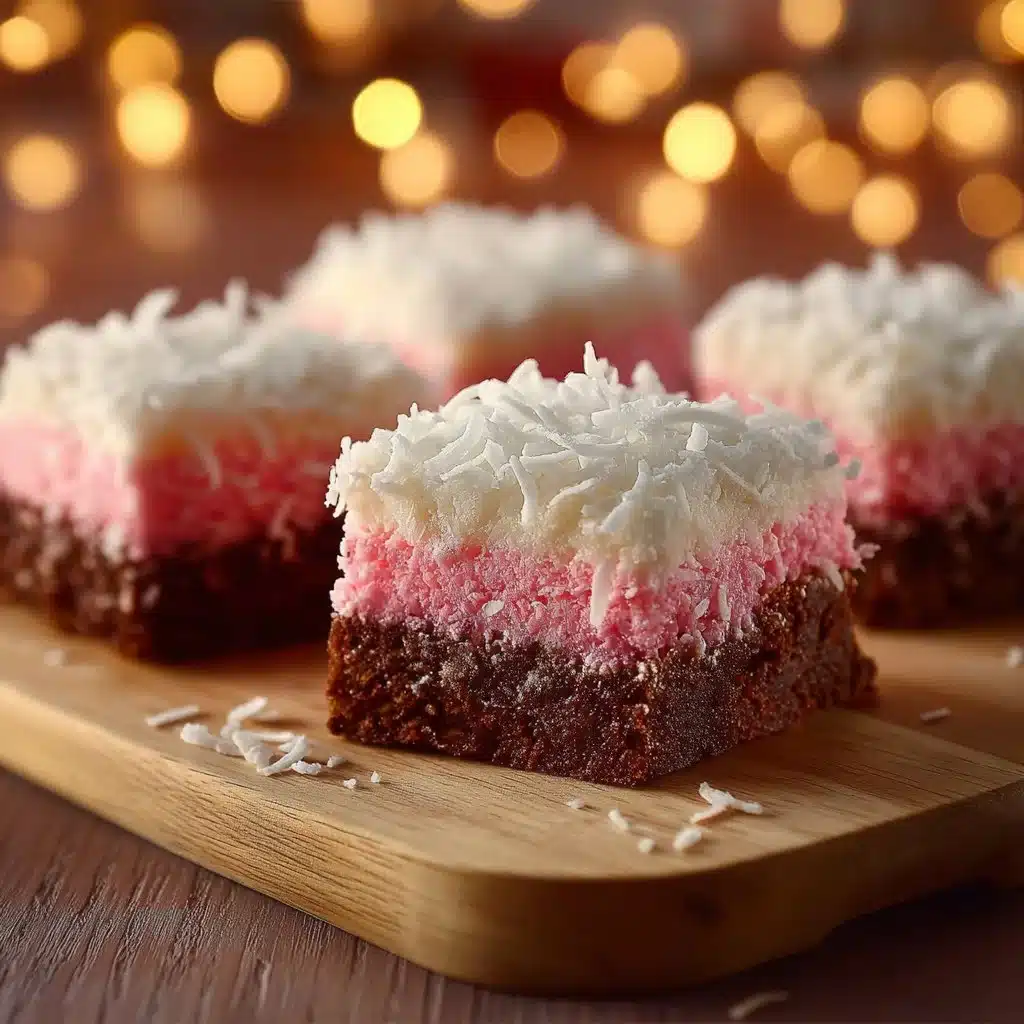Pink coconut snowball cake bars topped with shredded coconut and a creamy frosting