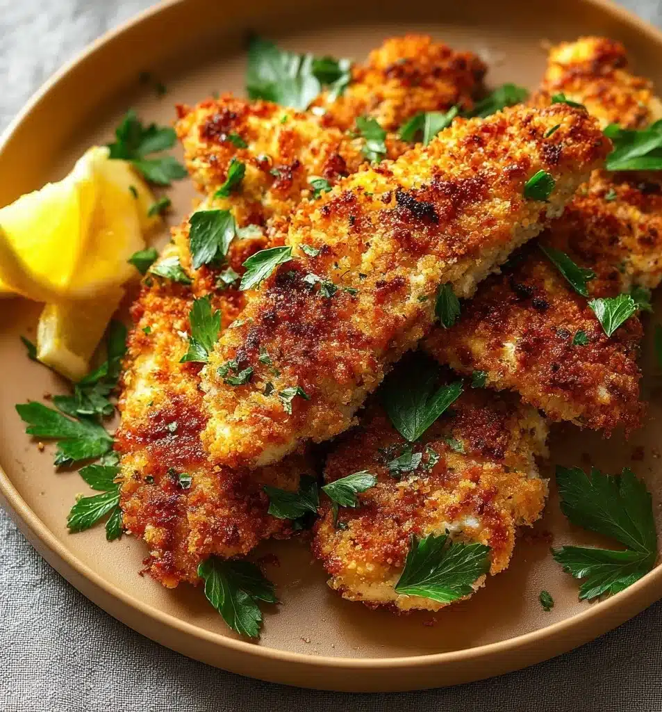 Crispy Italian breaded chicken cutlets on a plate garnished with herbs.