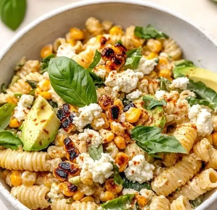 A vibrant Juicy Street Corn Pasta Salad featuring colorful corn, pasta, and fresh vegetables.
