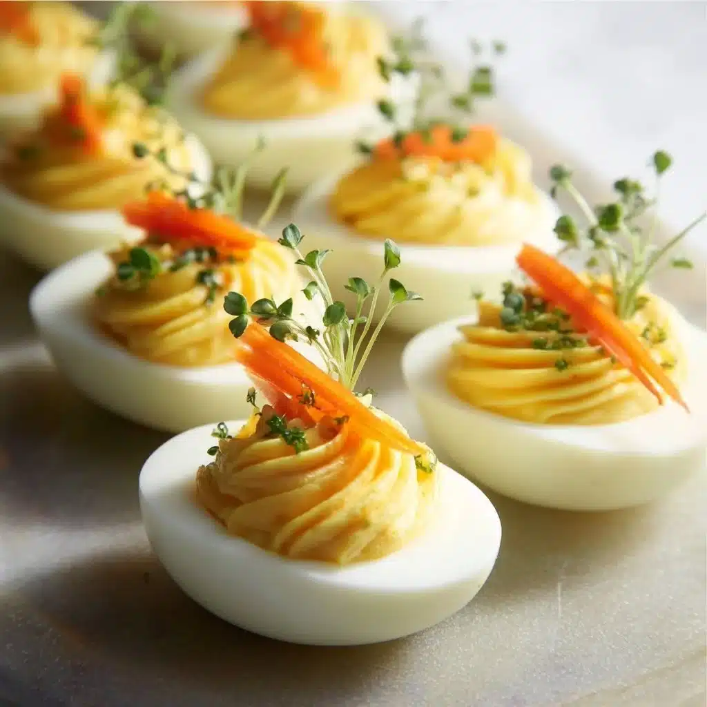 Delicious keto deviled eggs garnished with herbs, perfect low-carb snack.