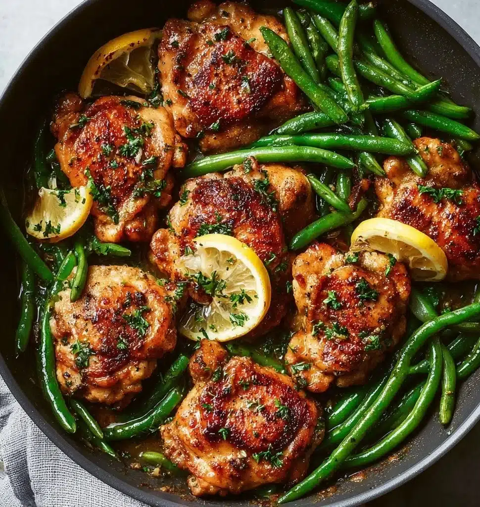 Lemon Garlic Butter Chicken Thighs served with Green Beans