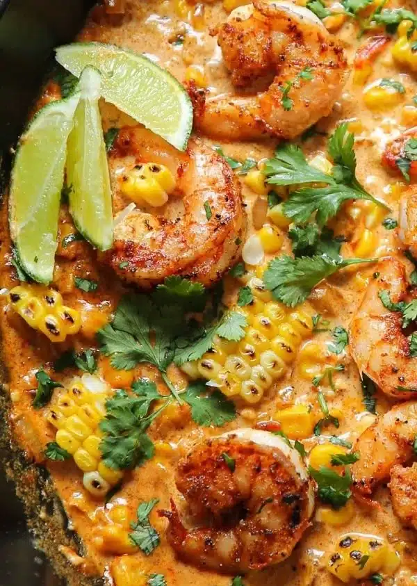 Mexican Street Corn with Shrimp and Creamy Feta Cheese Sauce