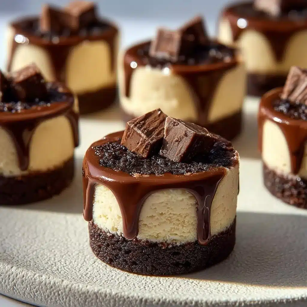 Mini cheesecakes with brownie base, topped with chocolate drizzle.