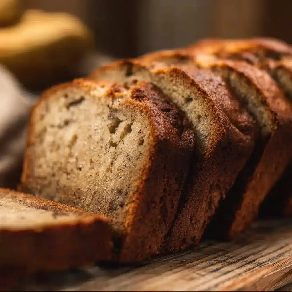 Loaf of old fashioned banana bread on a wooden table