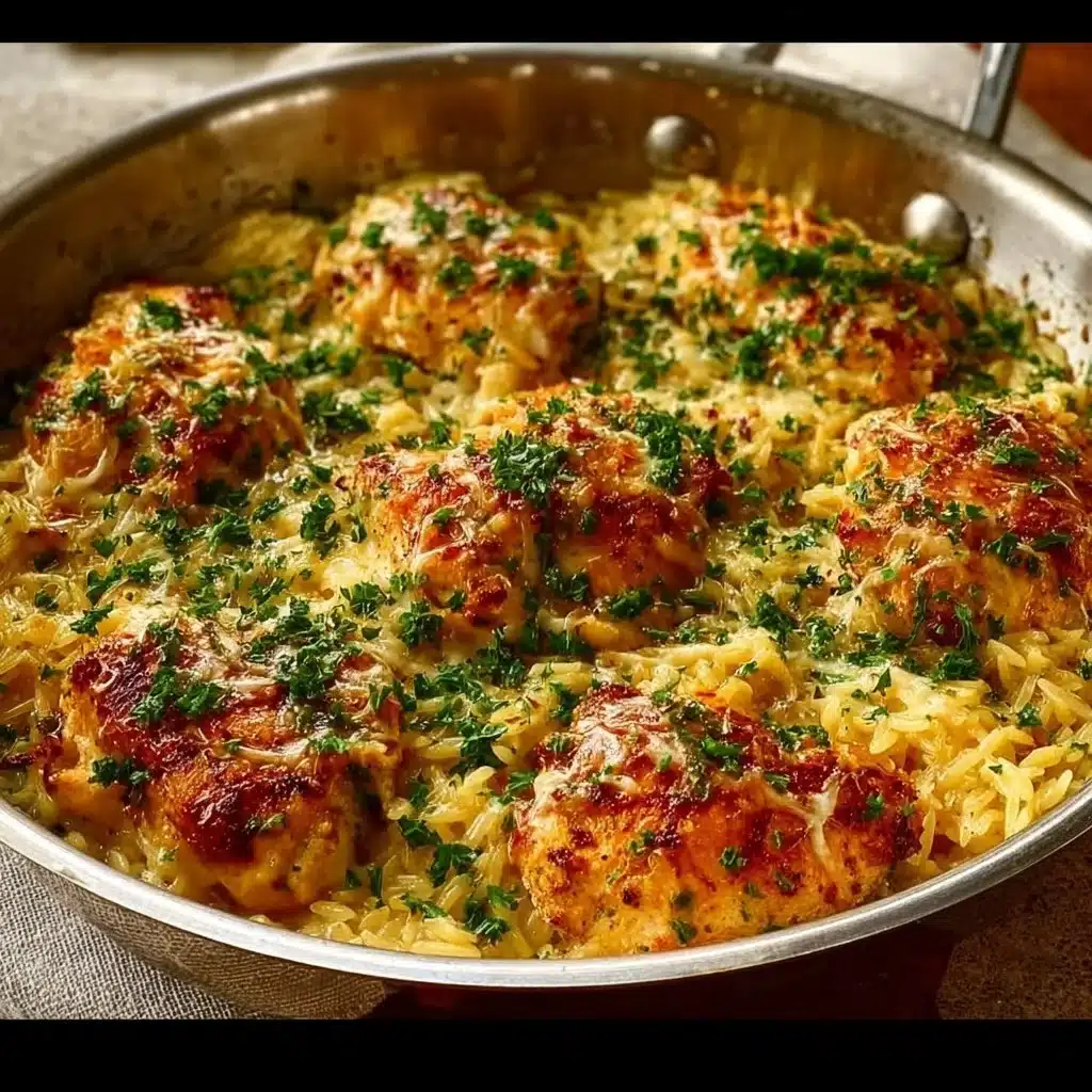 One Pan Orzo Chicken Bake with colorful veggies and herbs