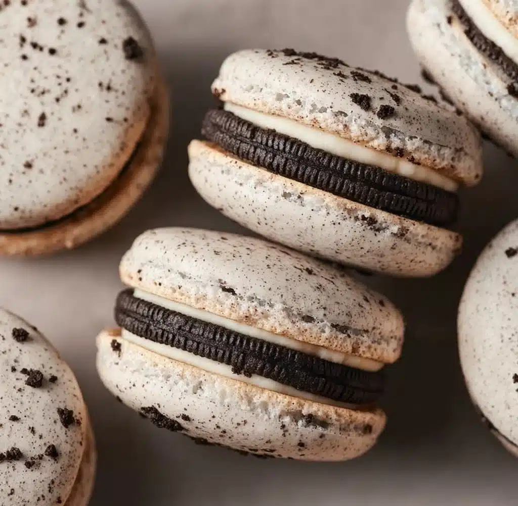 Delicious homemade Oreo Macarons on a plate with chocolate drizzle.
