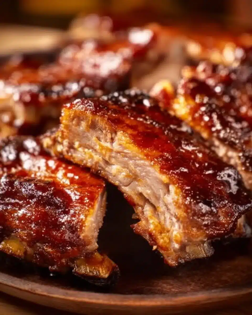 Oven-baked baby back ribs served with barbecue sauce and side dishes