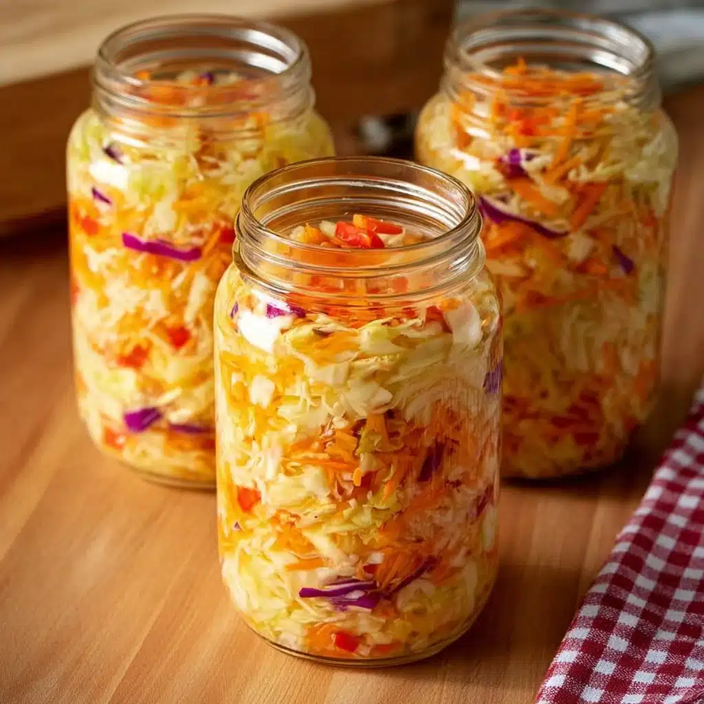 Jar of homemade pickled cabbage with spices and herbs