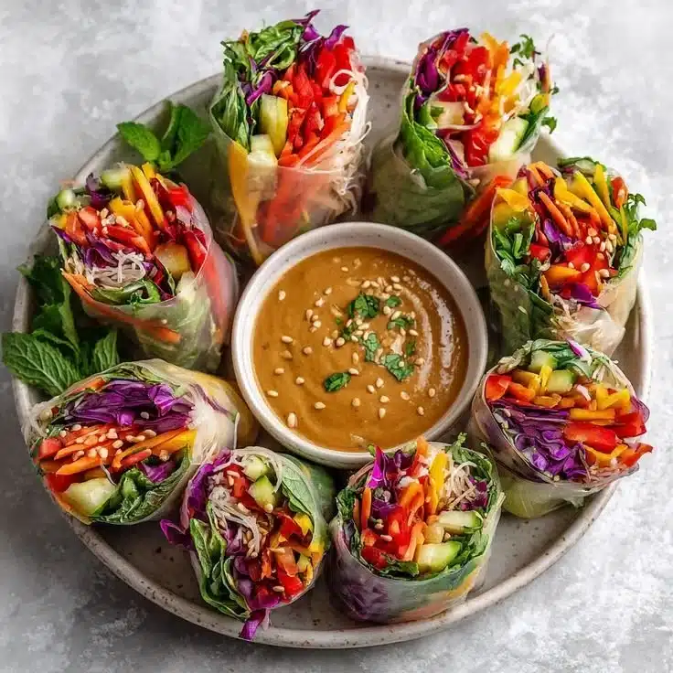 Colorful rainbow veggie rice paper rolls filled with fresh vegetables
