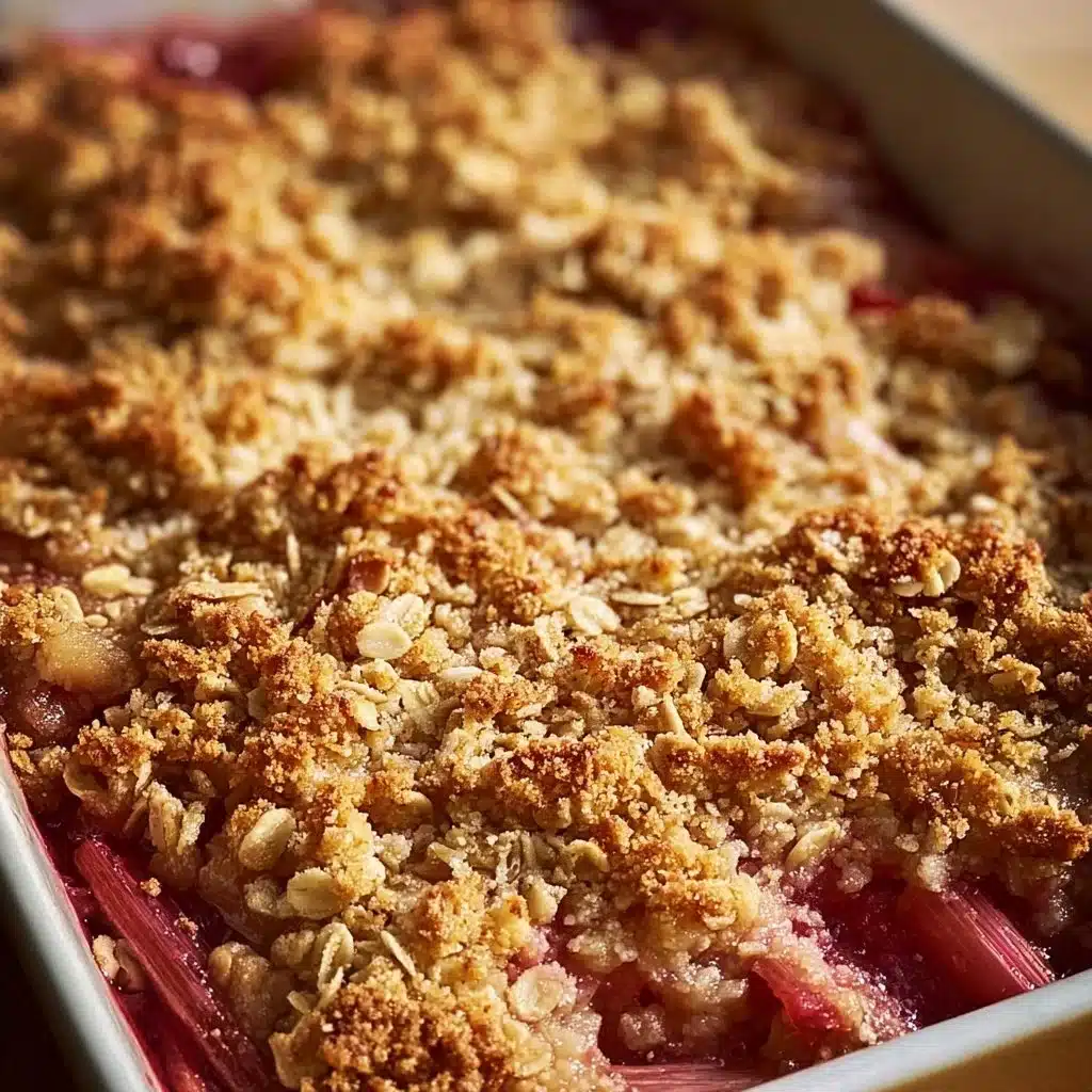 Homemade Rhubarb Crisp with golden topping and fresh rhubarb filling.