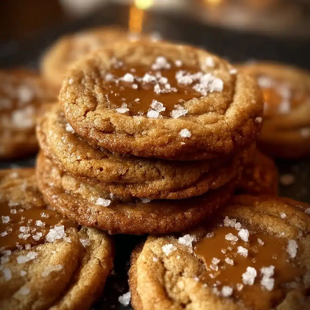 Delicious homemade salted caramel cookie on a plate with a sprinkle of sea salt