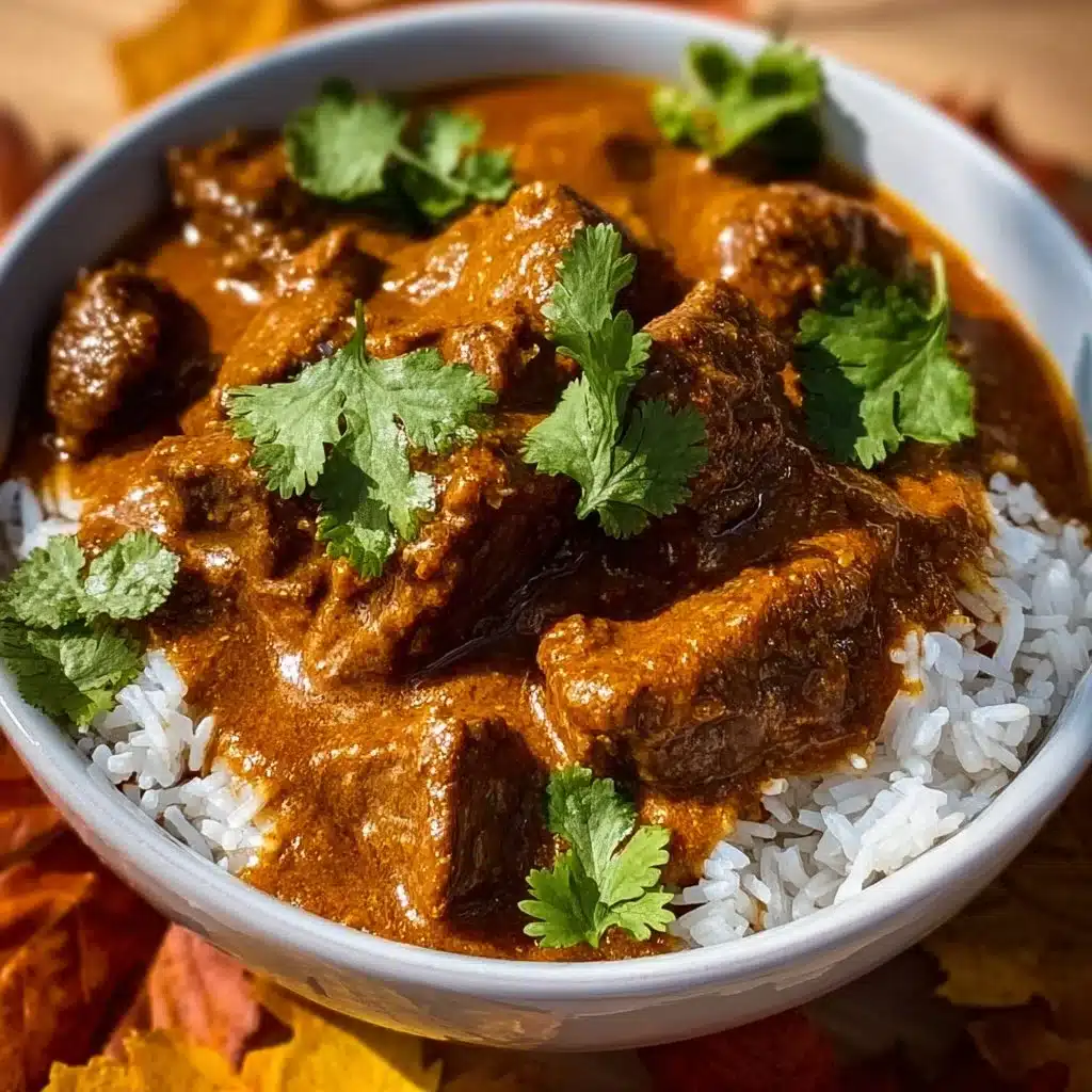 Slow cooker beef coconut curry served in a bowl with herbs on top