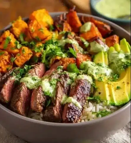 Steak and Sweet Potato Bowls with Avocado-Cilantro Drizzle