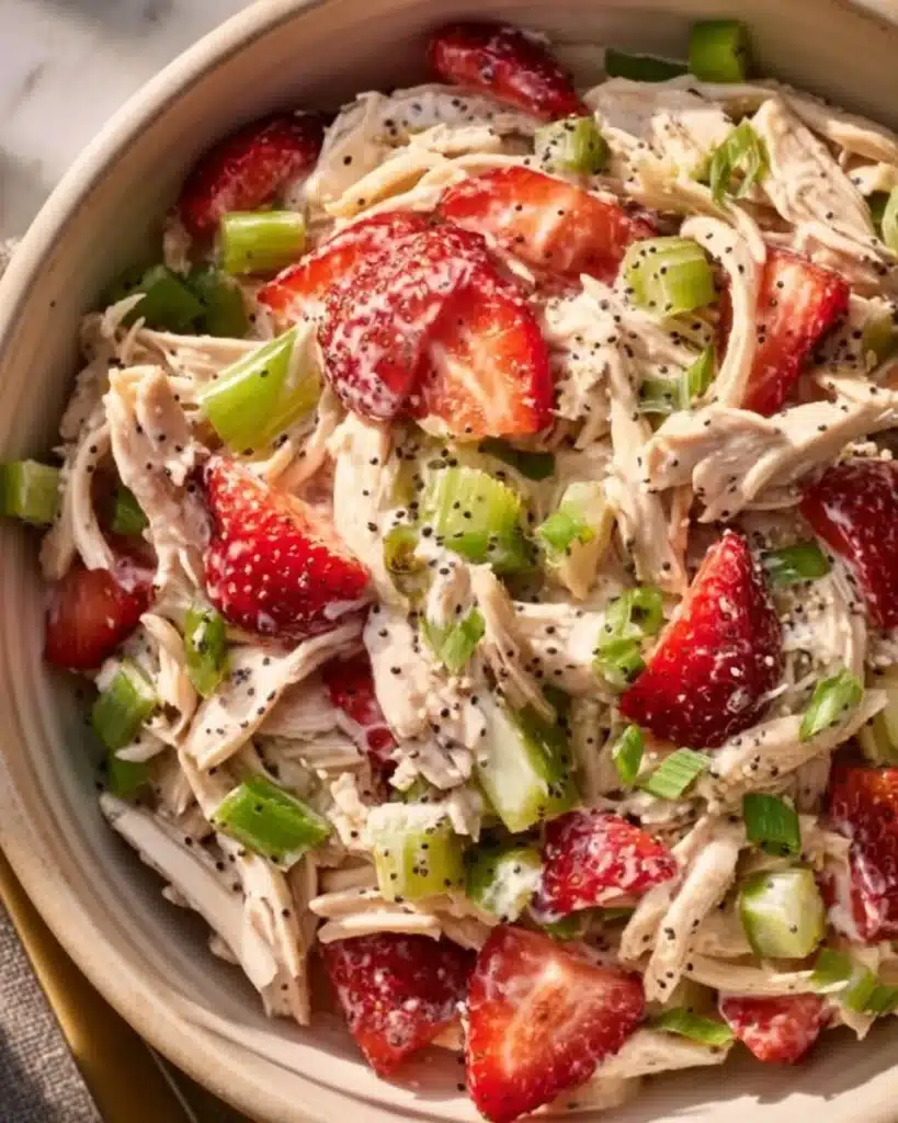 Strawberry Pecan Poppy Seed Chicken Salad in a bowl with garnish