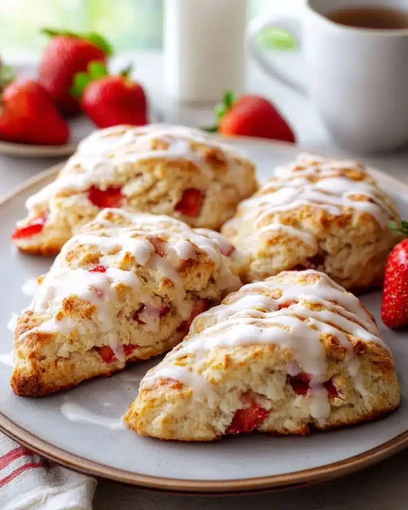 Freshly baked strawberry scones on a plate with strawberries