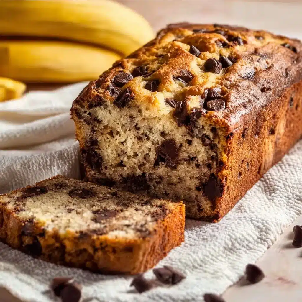 Deliciously moist chocolate chip banana bread with chocolate chunks