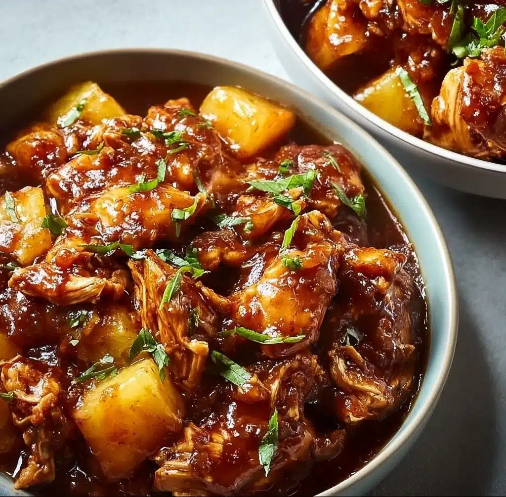 Sweet Hawaiian Crockpot Chicken served with rice and pineapple garnish