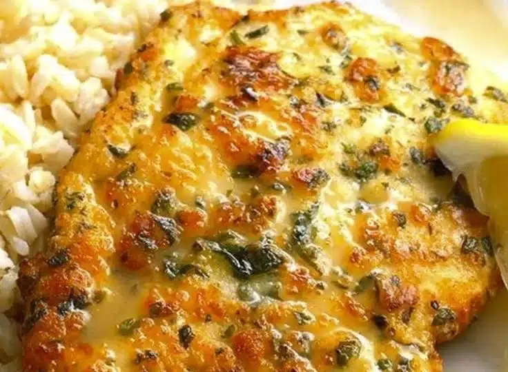 Plate of ultimate Chicken Piccata with lemon sauce served with parsley garnish