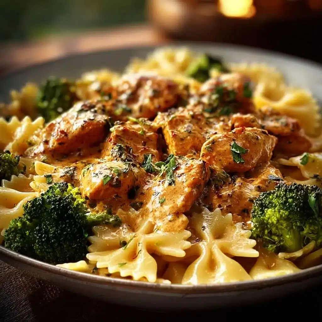 Zesty Cowboy Butter Chicken with lemon bowtie pasta and broccoli on a plate