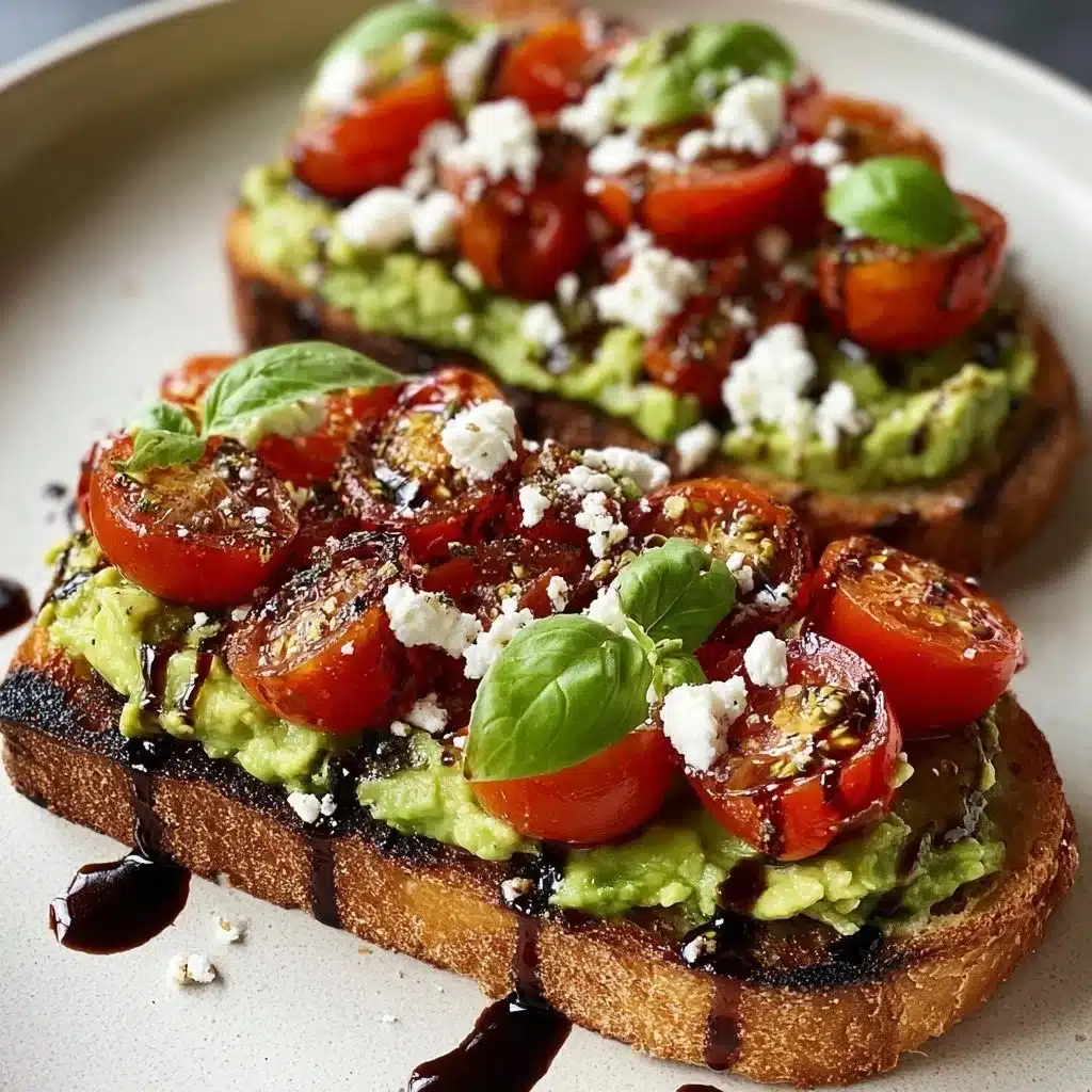 Avocado toast topped with cherry tomatoes and feta cheese on a rustic wooden table.