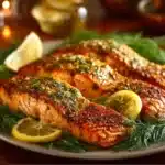 Baked Dijon Salmon fillet garnished with herbs on a plate
