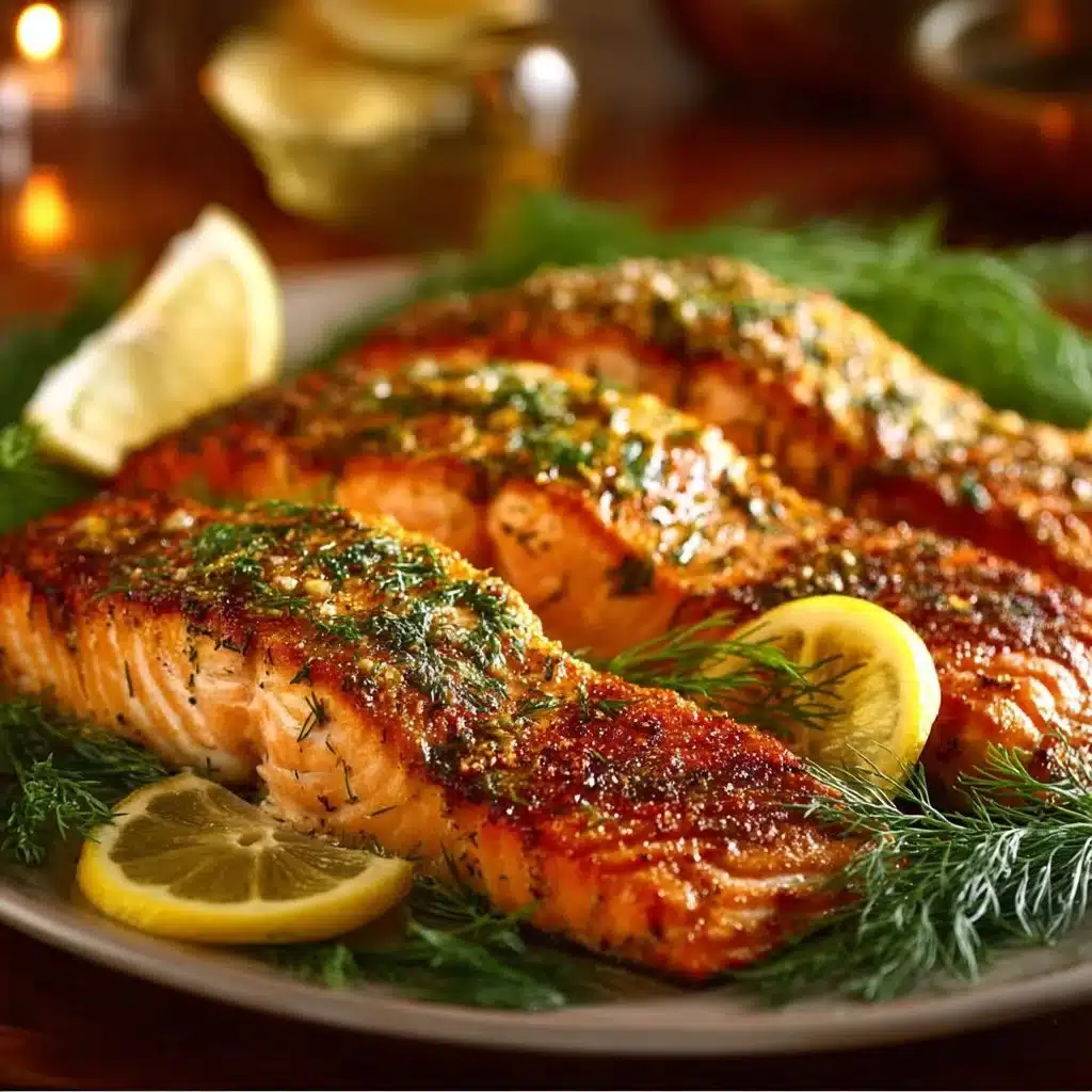 Baked Dijon Salmon fillet garnished with herbs on a plate