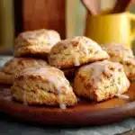 Banana bread scones topped with cinnamon cream cheese glaze