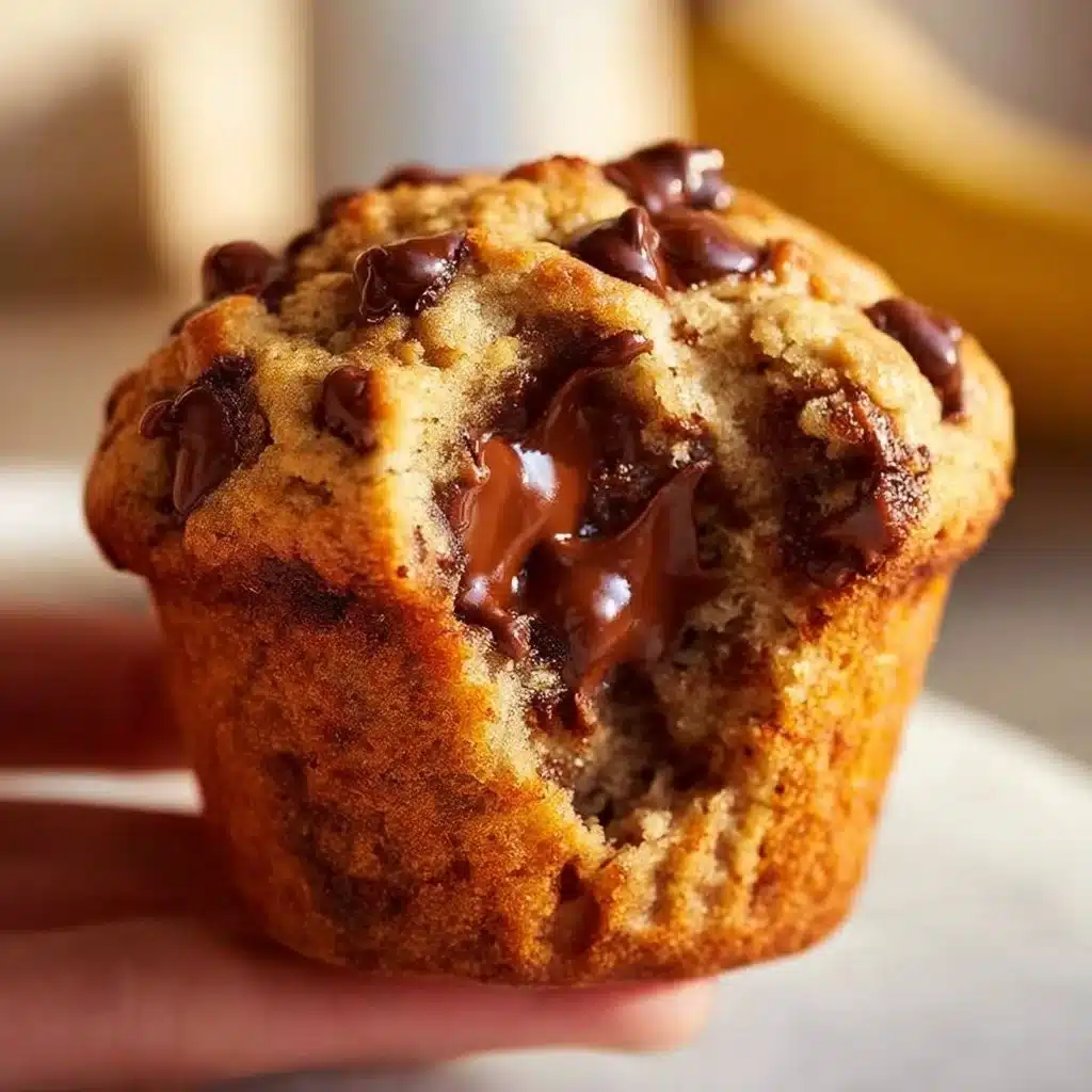 Freshly baked banana chocolate chip muffins on a rustic wooden table.